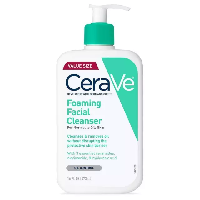 Limpiador facial en espuma CeraVe, para piel normal a grasa, lavado rápido,...