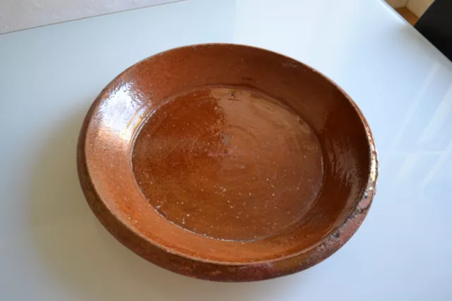 Ancien Tres Grand Plat Terre Cuite Vernissee Art Populaire Sud France D : 47 Cm