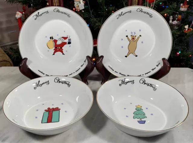 Juego de 4 tazones de sopa/cereal vintage Merry Brite de 6,5"" Feliz Navidad