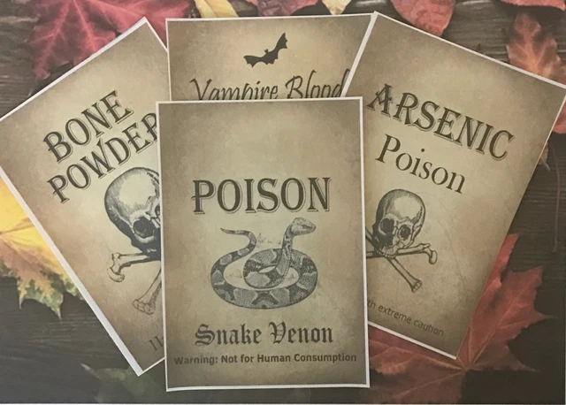 4 x Halloween Wine Soda Bottle Labels Party Kraft Snake Bats Poison Stickers Y09