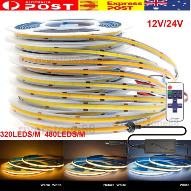 5M 12V 24V COB LED Strip Light Tape Warm Natural Cool  White High Density Bright