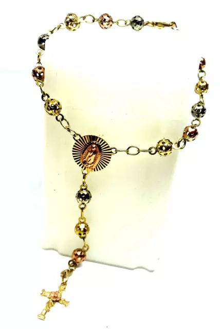 10k yellow gold rosary bracelet beads cross 7” Long 3” Dangle 5.31 Grams