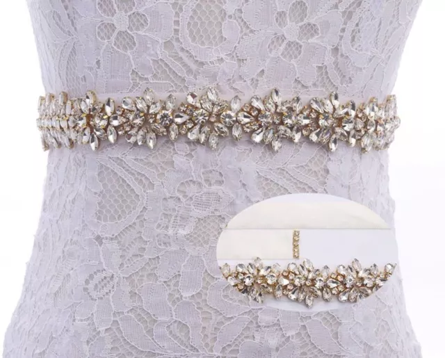 Bridal Wedding Bridesmaid Dress Sash Gold Crystal Rhinestone Appliqué Waist Belt