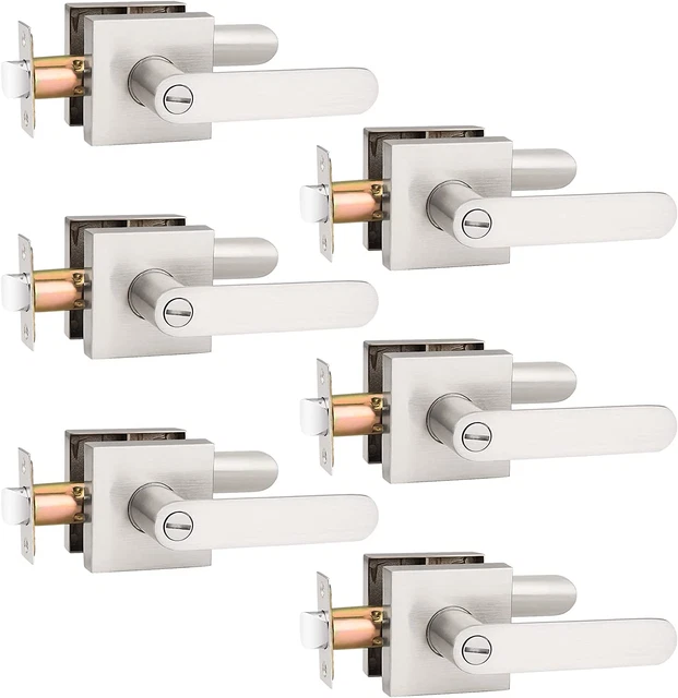 6 Pack Brushed Nickel Privacy Door Knobs for Bedroom, Moden Square Keyless Door