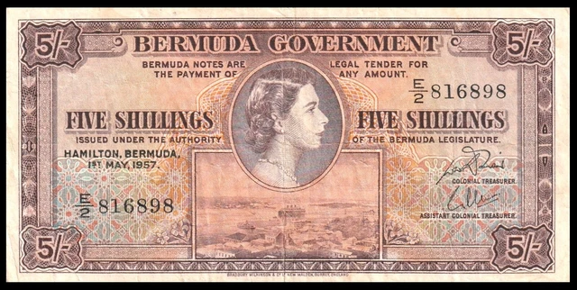 🇧🇲 Bermuda 5 /- Shillings 1957 Pick# 18b QE II * BANKNOTE ***E !