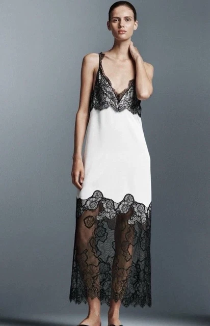 ZARA WOMEN'S WHITE black lace satin slip midi dress size L 52.70 - PicClick UK ZARA WOMEN'S WHITE black lace satin slip midi dress size L 52.70 - PicClick UK