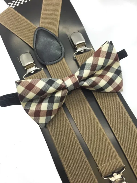 Maroon Plaid Bow Tie & Tan Suspender Matching Set Tuxedo Wedding Accessories