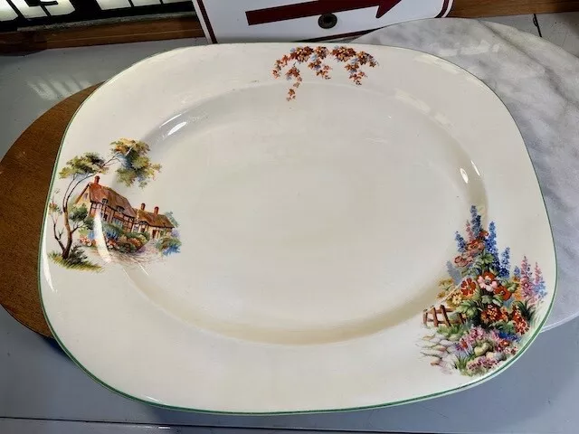 Large Vintage 1930's English Wood Ivory Ware Ceramic Table Platter Cottage Scene