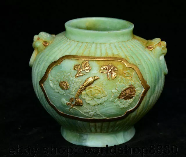 15CM Chinese Old Green jade jadite Dynasty Flower Bird Lion Head Pot Jar Crock