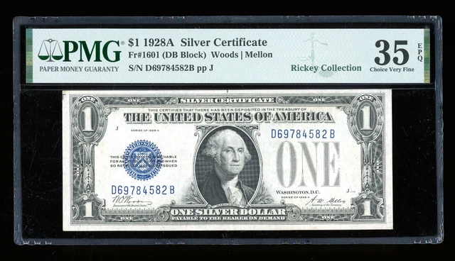 DBR 1928-A $1 Silver Funnyback Fr. 1601 DB Block PMG 35 EPQ Serial D69784582B
