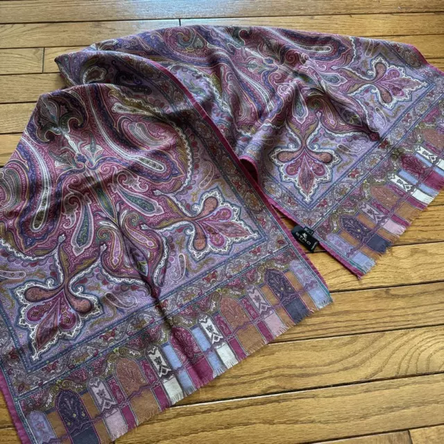 ETRO scarf shawl 126cm 49″ 42cm 16″ rectangle Paisley wool silk purple