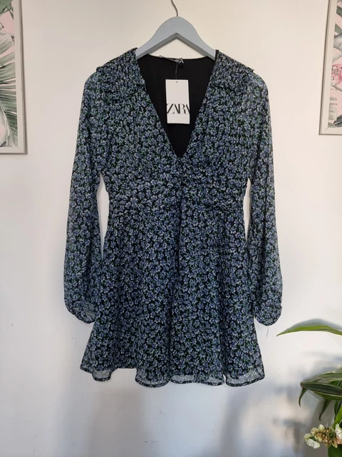 ZARA LADIES BLUE FLORAL PRINT DRAPED LONG SLEEVE MINI DRESS SIZE M new with  tags 11.00 - PicClick UK