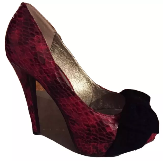 Ladies Red Snakeskin Bow High Heels Shoes Xmas Pin Up Peep Toe Burlesque 4 37