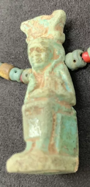 Ancient Egyptian Faience Bead Necklace with Seated Isis & Horus Amulet 3