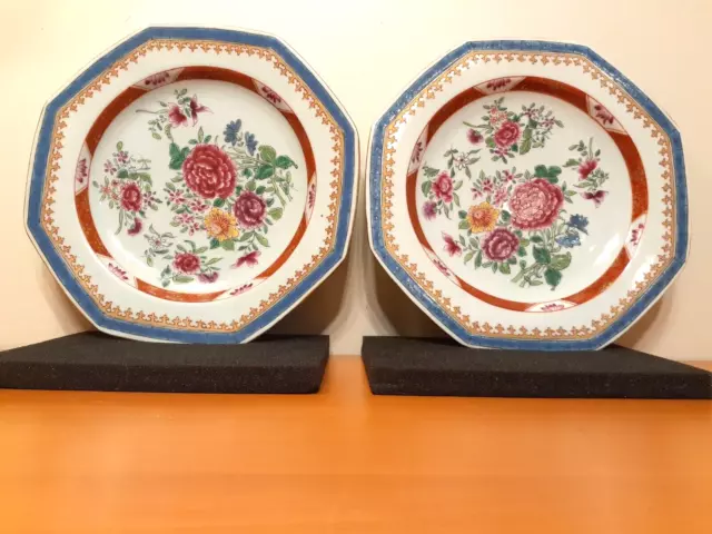 Pair Of Antique 18th Century Chinese Export Porcelain Octagonal Plates