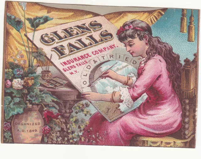 Glens Falls Insurance Co NY Girl in Pink Painting  Urn Flowers Vict Card c1880s