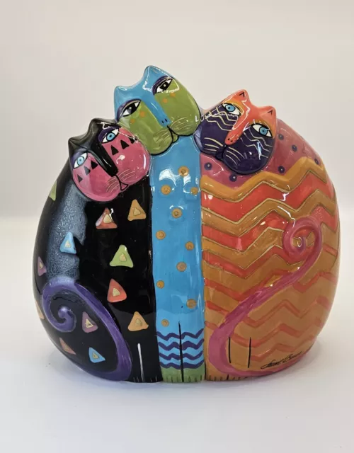 Laurel Burch Cat Ceramic Sculpture Figurine 3 Colorful Cats Signed 6.5 X 6” Ganz