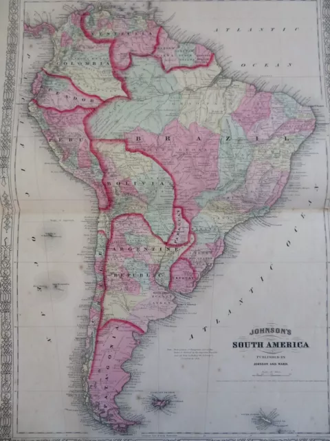 South America Brazil Colombia Argentina Peru 1863 Johnson & Ward Scarce Map