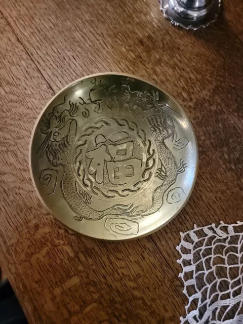 Antique Brass Bowl W Engraved Dragons 8" Made in China