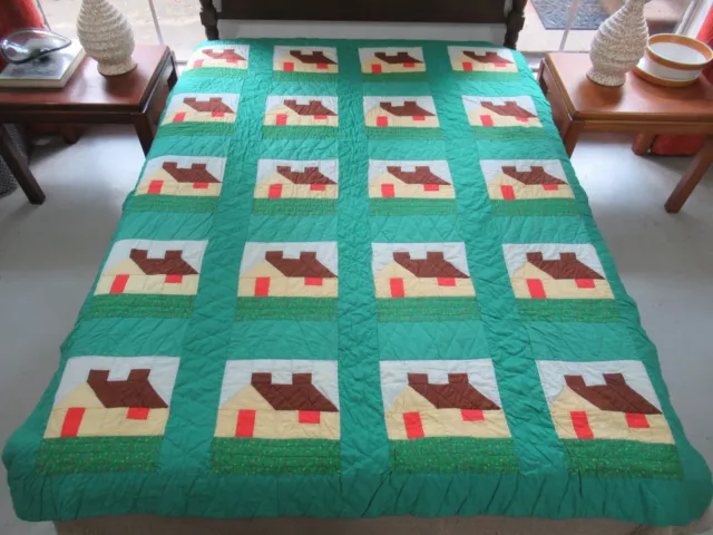 Vintage Hand Pieced & Quilted Cotton SCHOOL, LOG CABIN Patchwork Quilt; 81"x64"