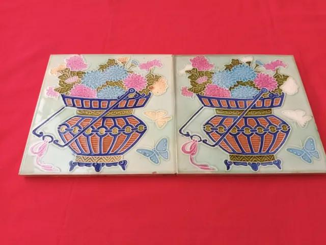 2 Piece Old Art Flower Butterfly Design Majolica Ceramic Tiles Japan 0076 2