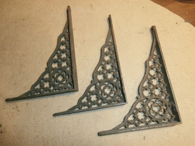 3  Antique Ornate Cast Iron Shelf Corner Brackets