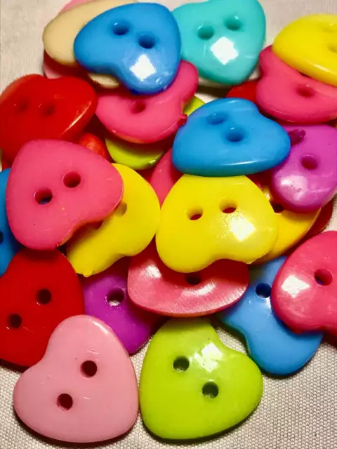 Multicolored Hearts Plastic Buttons/Two Holes Buttons/Doll Making/40 Pieces