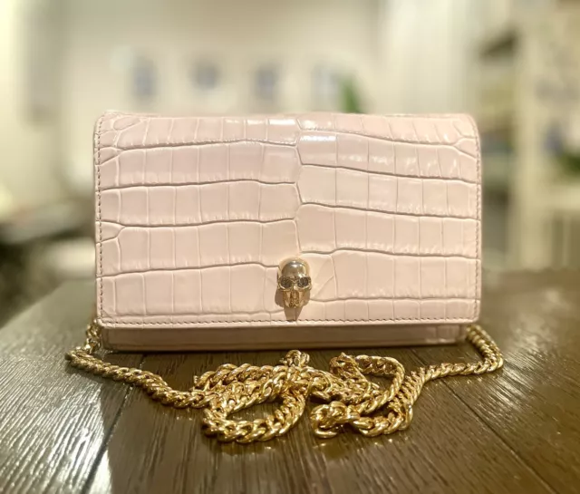 $990 ALEXANDER MCQUEEN Blush Pink CROC EMBOSSED Leather SKULL Crossbody BAG