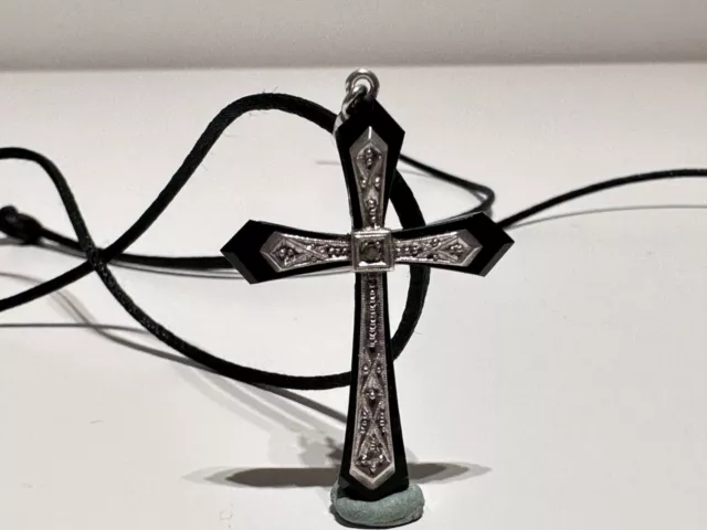 Antique Rare Mens Ladies Silver 935 And Black Stone Cross With Diamond And Chain