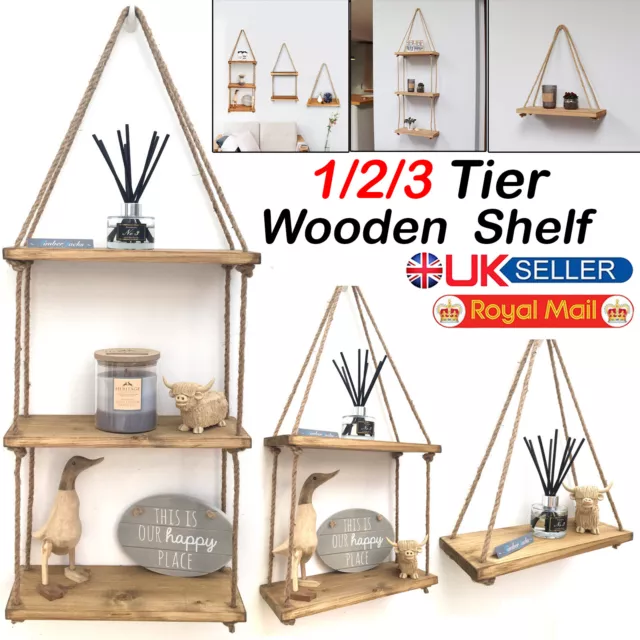 1/2/3 Tier Wooden Wall Mounted Shelves Hanging Rope Floating Wood Shelf Rustic