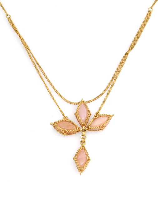 Estate 18k Gold Pink Stone Anthony Nak Double Layer Cross Trefoil Necklace 15" Estate 18k Gold Pink Stone Anthony Nak Double Layer Cross Trefoil Necklace 15"