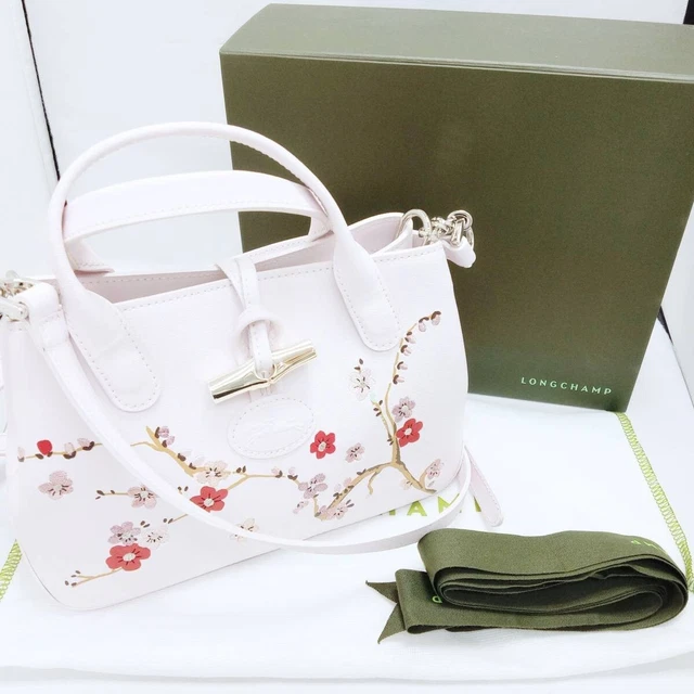 LONGCHAMP ROSEAU Tote Sakura Light Pink Cherry Blossoms embroidered France Used