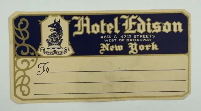 Original Rare Vintage Luggage Label / Sticker Hotel Edison New York