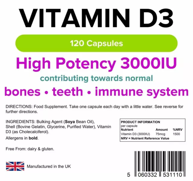 Vitamin D3 Strong 3000iu (120 Capsules ) Sun Mood Bone Teeth immune Lindens UK 3