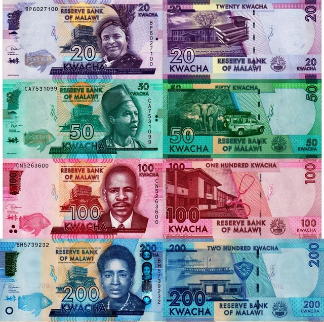 MALAWI - Lot 4 20/50/100/200 Kwacha FDS Banknotes - UNC