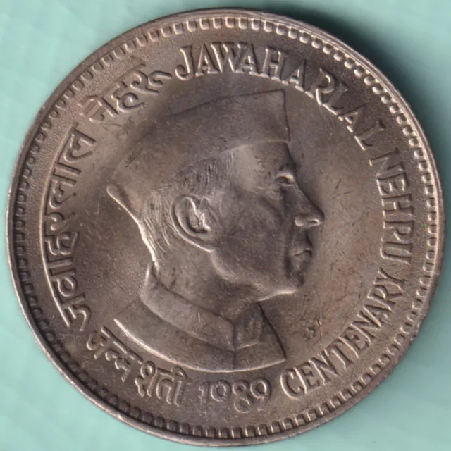 Republic India 1989 Jawaharlal Nehru Centenary Five Rupees Rare Nickel Coin
