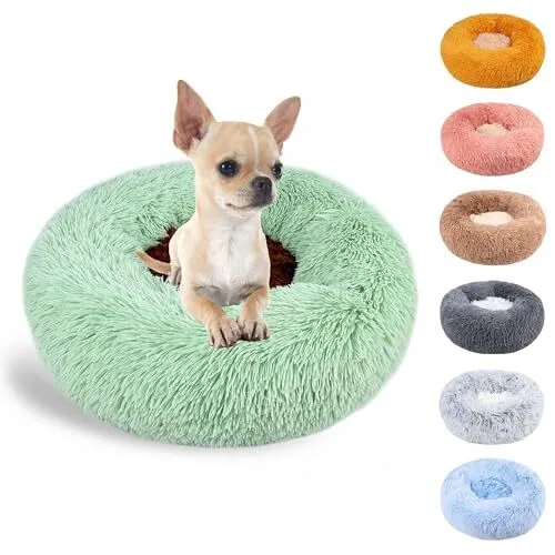 Round Donut Cat and Dog Calming Bed, Anti-Anxiety Puppy Bed Machine Washable ...