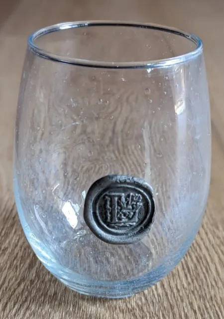 Hand Crafted Stemless Wine Glass with Pewter Monogram  Letter "L"