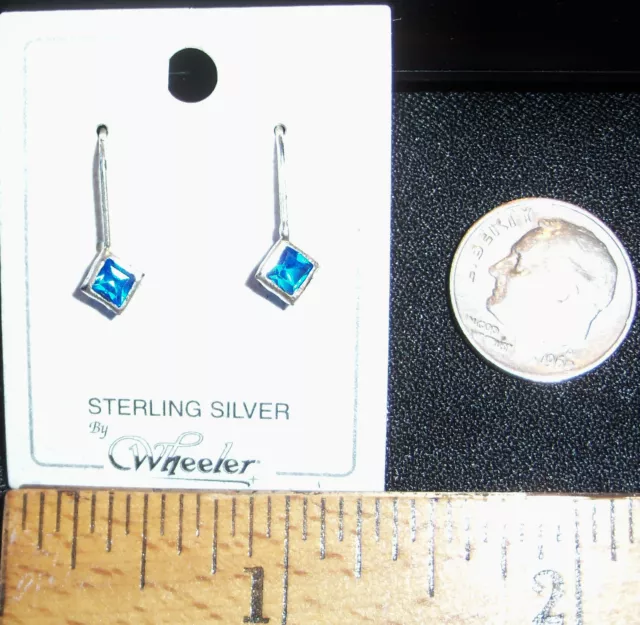 Dainty Sterling Silver Square Pierced Dangle Earrings With Blue Crystals