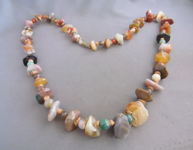 Vintage Knotted Strung Chunky Banded Agate Rhodonite Jasper Carnelian Necklace