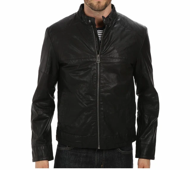 Jacket Leather Biker Motorcycle Mens Coat Vintage Bomber Lambskin Slim Black 30