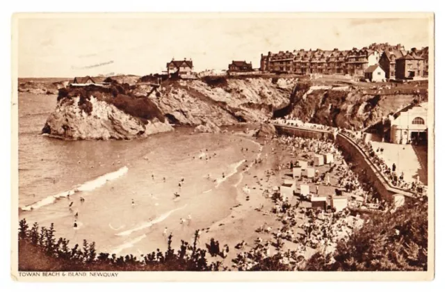 1930s BRITISH Old Vintage Postcard TOWAN BEACH & ISLAND NEWQUAY CORNWALL