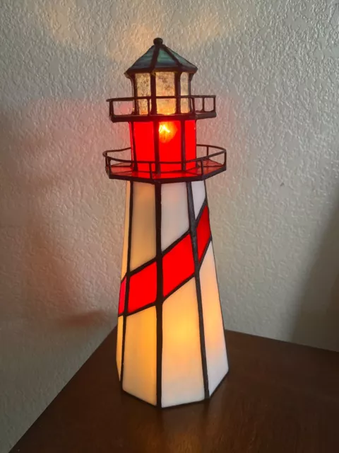 VINTAGE STAINED GLASS Light House Tiffany Style Nautical  Beach Night Light Lamp