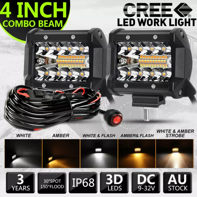 Pair 4" inch Work Light Spot Flood LED Light Bar Reverse White & Amber with Wire