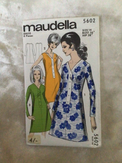 Robe Vintage Années 60 Maudella 5602 - Tissu Neuf Jamais Coupé, Buste 36", Hanches 38"