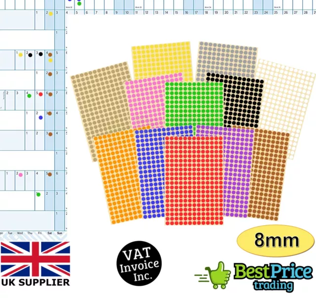 Year Wall Planner Calendar Holiday Multi-Coloured 8mm DOT STICKERS *Diary