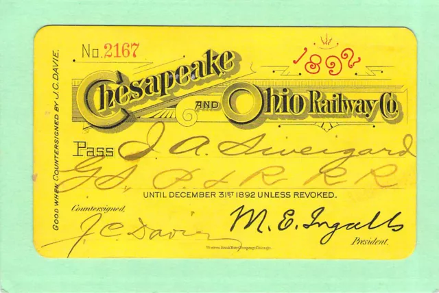 Chesapeake Ohio 1892   Railroad Rr Ry Rwy Railway Pass