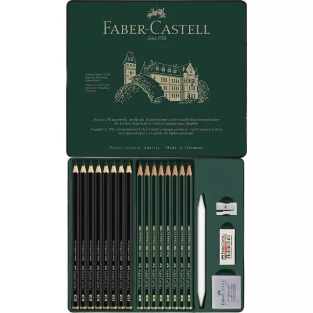 NEW Faber-Castell Set Pitt Graphite Matt Pencils, Eraser, Castell 9000 Tin of 20 2