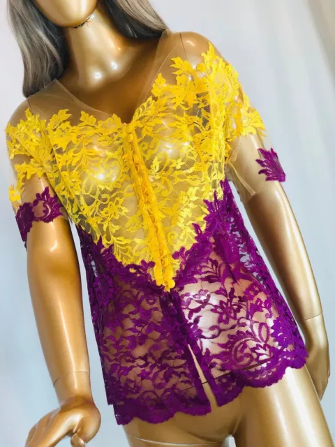 Designer's Kebaya Indonesia Handmade Parisien Lace Intricate Detail Yellow Purpl