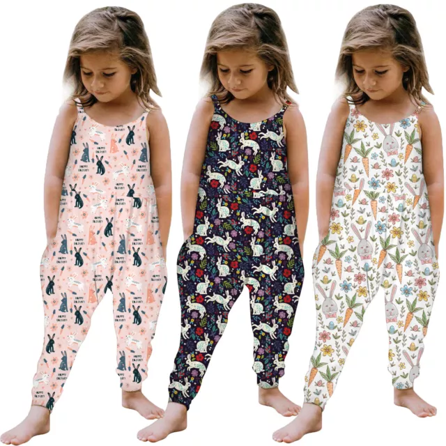 Toddler Girls Kids Baby Jumpsuit 1 Piece Floral Cartoon Easter Bunny Playsuit